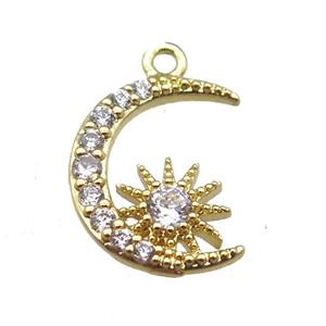 copper moon pendant paved zircon, gold plated, approx 12-14mm