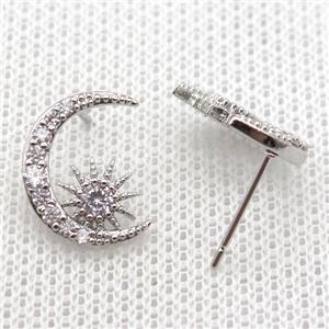 copper stud Earrings pave zircon, moon, platinum plated, approx 11-14mm