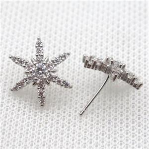 copper stud Earrings pave zircon, star, platinum plated, approx 16mm dia