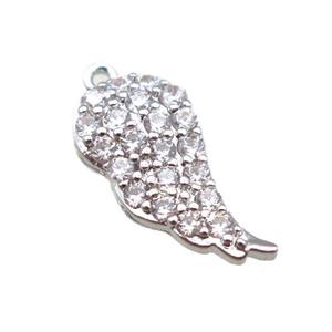 copper angel wings pendant paved zircon, platinum plated, approx 7-14mm