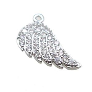 copper angel wings pendant paved zircon, platinum plated, approx 9-15mm