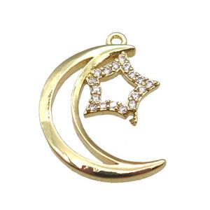 copper moon pendant paved zircon, star, gold plated, approx 14-17mm