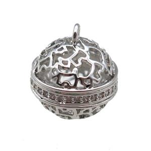 copper bell cage pendant paved zircon, platinum plated, approx 13mm dia