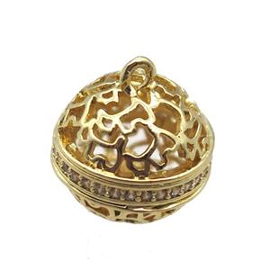 hollow copper cage pendant paved zircon, gold plated, approx 13mm dia