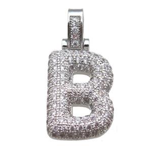 copper letter-B pendant paved zircon, platinum plated, approx 14-20mm