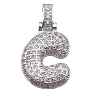 copper letter-C pendant paved zircon, platinum plated, approx 14-20mm