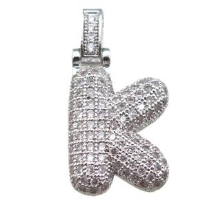 copper letter-K pendant paved zircon, platinum plated, approx 14-20mm