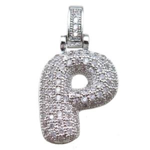 copper letter-P pendant paved zircon, platinum plated, approx 14-20mm