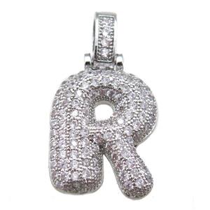 copper letter-R pendant paved zircon, platinum plated, approx 14-20mm
