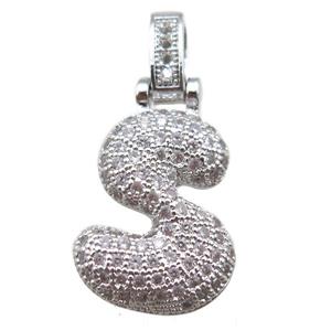 copper letter-S pendant paved zircon, platinum plated, approx 14-20mm