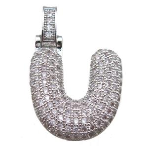 copper letter-U pendant paved zircon, platinum plated, approx 14-20mm