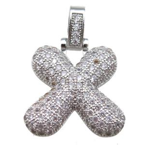 copper letter-X pendant paved zircon, platinum plated, approx 14-20mm