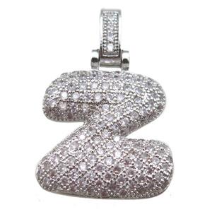 copper letter-Z pendant paved zircon, platinum plated, approx 14-20mm