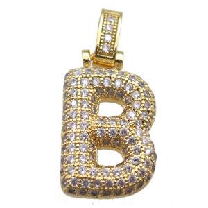 copper letter-B pendant paved zircon, gold plated, approx 14-20mm