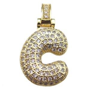 copper letter-C pendant paved zircon, gold plated, approx 14-20mm