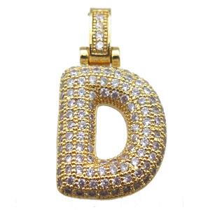 copper letter-D pendant paved zircon, gold plated, approx 14-20mm