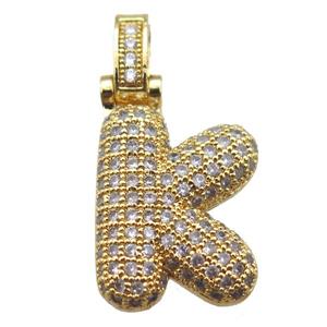 copper letter-K pendant paved zircon, gold plated, approx 14-20mm
