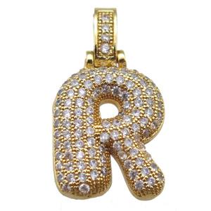 copper letter-R pendant paved zircon, gold plated, approx 14-20mm