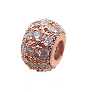copper beads paved zircon, rondelle, rose gold, approx 6x10mm