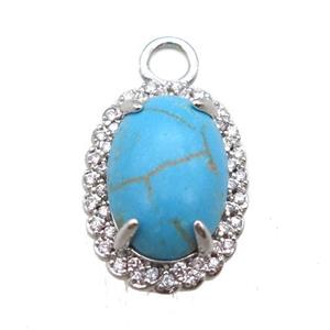copper oval pendant paved zircon with turquoise, platinum plated, approx 12-18mm