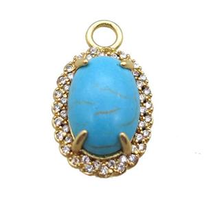 copper oval pendant paved zircon with turquoise, gold plated, approx 12-18mm