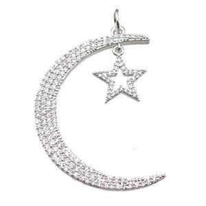 copper moon star pendant paved zircon, platinum plated, approx 35-45mm