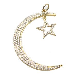 copper moon star pendant paved zircon, gold plated, approx 35-45mm