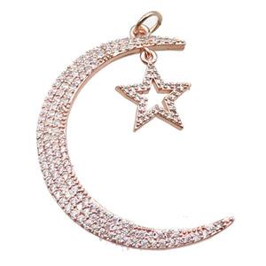 copper moon star pendant paved zircon, rose gold, approx 35-45mm