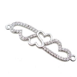 copper heart linker connector paved zircon, platinum plated, approx 10-34mm
