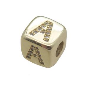 copper letter-A beads paved zircon, cube, gold plated, approx 8.5mm, 4mm hole