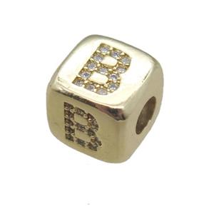 copper letter-B beads paved zircon, cube, gold plated, approx 8.5mm, 4mm hole
