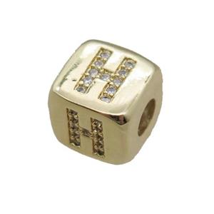 copper letter-H beads paved zircon, cube, gold plated, approx 8.5mm, 4mm hole
