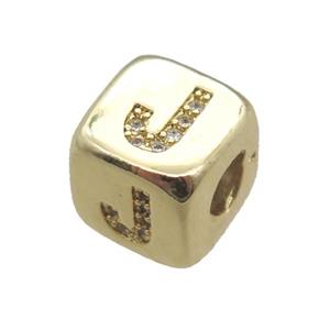 copper letter-J beads paved zircon, cube, gold plated, approx 8.5mm, 4mm hole