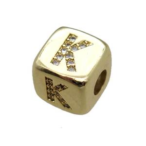 copper letter-K beads paved zircon, cube, gold plated, approx 8.5mm, 4mm hole