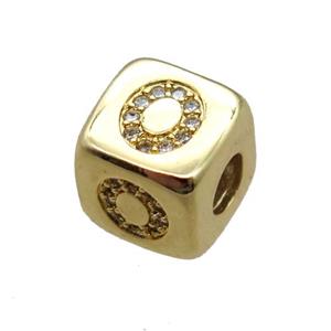 copper letter-O beads paved zircon, cube, gold plated, approx 8.5mm, 4mm hole