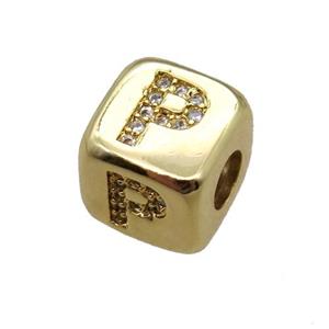 copper letter-P beads paved zircon, cube, gold plated, approx 8.5mm, 4mm hole