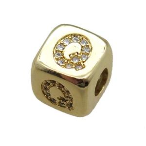 copper letter-Q beads paved zircon, cube, gold plated, approx 8.5mm, 4mm hole