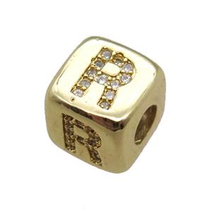 copper letter-R beads paved zircon, cube, gold plated, approx 8.5mm, 4mm hole