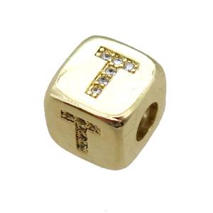 copper letter-T beads paved zircon, cube, gold plated, approx 8.5mm, 4mm hole
