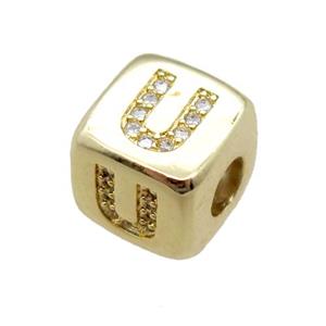copper letter-U beads paved zircon, cube, gold plated, approx 8.5mm, 4mm hole