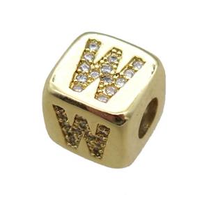 copper letter-W beads paved zircon, cube, gold plated, approx 8.5mm, 4mm hole