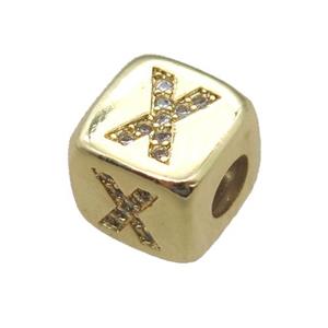 copper letter-X beads paved zircon, cube, gold plated, approx 8.5mm, 4mm hole