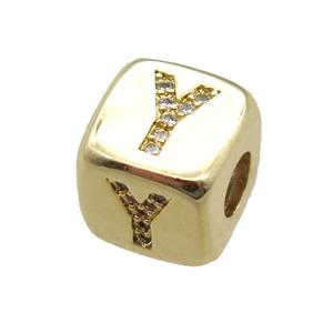 copper letter-Y beads paved zircon, cube, gold plated, approx 8.5mm, 4mm hole