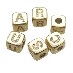 copper letter beads paved zircon, cube, mixed alphabet, large hole, gold plated, approx 8.5mm, 4mm hole
