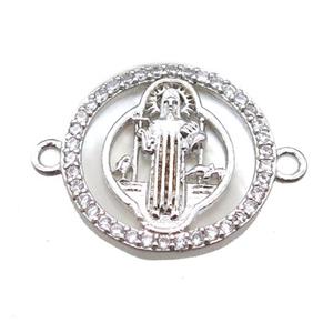 copper circle connector paved zircon, Jesus, platinum plated, approx 15mm dia