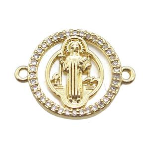 copper circle connector paved zircon, Jesus, gold plated, approx 15mm dia