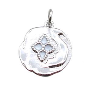 copper flower pendant with enameling, platinum plated, approx 15mm dia