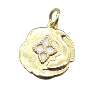 copper flower pendant with enameling, gold plated, approx 15mm dia