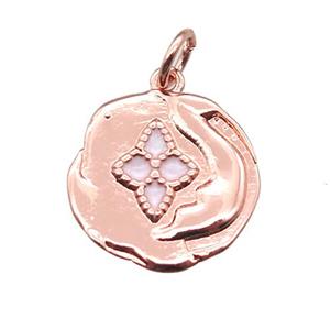 copper flower pendant with enameling, rose gold, approx 15mm dia