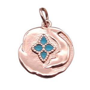 copper flower pendant with enameling, rose gold, approx 15mm dia